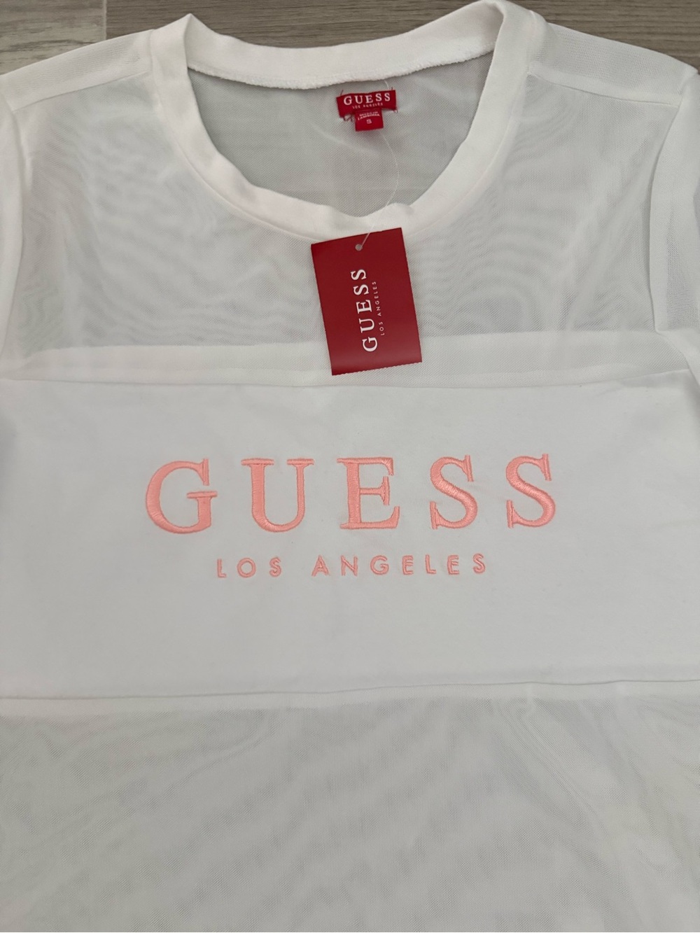 GUESS White Mesh Short-Sleeve Tee with Coral Logo - Picture 2 of 3